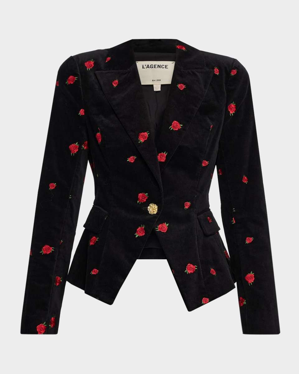 Kaisley Embroidered Velvet Single-Breasted Blazer